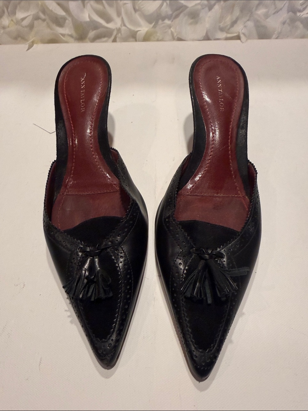 Ann Taylor Black Pointed Tassel Mule Clogs
